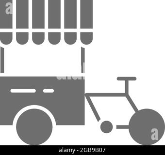 Tricycle avec réfrigérateur de rue, Hot dog vélo icône grise. Illustration de Vecteur