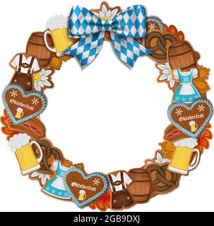 Couronne Oktoberfest avec biscuits au pain d'épice et noeud bleu et blanc Illustration de Vecteur