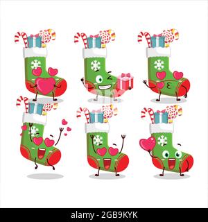 Chaussettes de Noël avec bonbons et personnage de dessin animé cadeau avec amour adorable émoticône. Illustration vectorielle Illustration de Vecteur