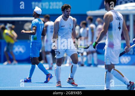 TOKYO, JAPON - 3 AOÛT : Loick Luypaert de Belgique en compétition pour la demi-finale masculine lors des Jeux Olympiques de Tokyo 2020 au stade de hockey Oi le 3 août 2021 à Tokyo, Japon (photo de PIM Waslander/Orange Pictures) Banque D'Images