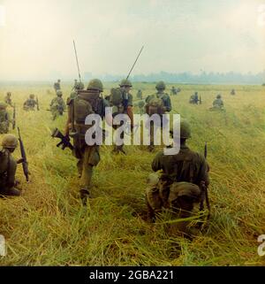 VIETNAM - 23 janvier 1966 - des soldats de l'armée américaine se déplacent à travers un champ de riz à la recherche d'insurgés Viet Cong dans une zone non identifiée du Vietnam - Pho Banque D'Images