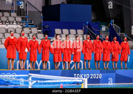 TOKYO, JAPON - AOÛT 3 : Paula Leiton d'Espagne, Maica Garcia d'Espagne, Roser Tarrago d'Espagne, Judith Forca d'Espagne, Clara Espar d'Espagne, Irene Gonzalez d'Espagne, Elena Ruiz d'Espagne, Bea Ortiz d'Espagne, Anni Espar d'Espagne, Marta Bach d'Espagne, Laura Ester d'Espagne, Maria Del Pilar Pena d'Espagne pendant le match de quart-finale des femmes du Tournoi Olympique de Waterpolo de Tokyo 2020 entre l'Espagne et la Chine au Centre Tatsumi Waterpolo le 3 août 2021 à Tokyo, Japon (photo de Marcel ter Pals/Orange Pictures) crédit: Orange pics BV/Alay Live News Banque D'Images