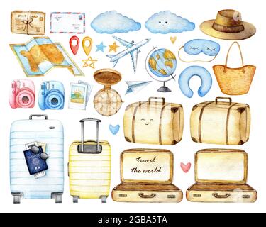 Ensemble de voyage d'icônes avec avion, le globe, valise, masque de sommeil, appareil photo, vacances et loisirs. Dessin à la main aquarelle pour la journée du tourisme sur fond blanc isolé. Icônes Instagram Banque D'Images