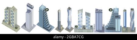 10 vues d'oiseaux très détaillées rendus de conception fictive gratte-ciel commerciaux avec des reflets de ciel bleu - isolé, illustration 3d de l'architecture Banque D'Images