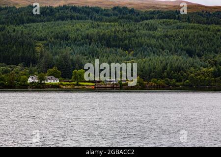 Mystérieux Loch Ness avec des eaux sombres et des rives pittoresques bordées d'arbres, de forêts écossaises et de bateaux Banque D'Images