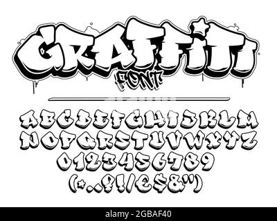 Police vectorielle Graffiti. Lettres majuscules, chiffres et glyphes. Contour noir isolé. Illustration de Vecteur