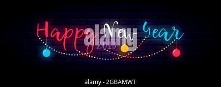 Bannière fluo festive avec inscription Happy Year 2019. Illustration vectorielle. Illustration de Vecteur