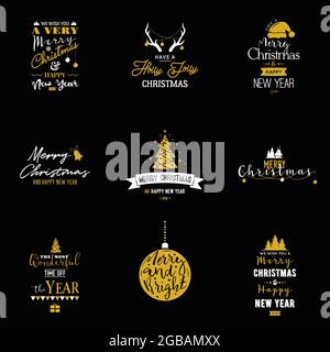 Emblèmes typographiques de Noël et du nouvel an. Jeu de cartes de vœux. Conception de texte vectoriel. Illustration de Vecteur