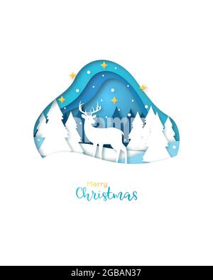 Carte de vœux de joyeux Noël. Style d'art papier. Cerf dans la forêt enneigée d'hiver. Nuit de Noël. Illustration de Vecteur