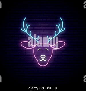 Cerf au néon amusant. Joyeux Noël. Panneau néon, panneau lumineux. Illustration vectorielle. Illustration de Vecteur