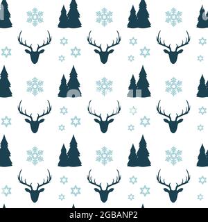 Motif de Noël sans couture avec des fleurs bleues, des maisons, des sapins, des flocons de neige et des étoiles sur fond blanc. Papier peint de la nouvelle année. Illustration de Vecteur