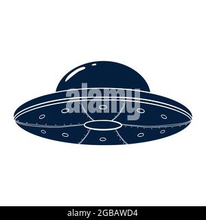 Silhouette de soucoupe volante. Icône d'OVNI dessinée à la main. Modèle de vaisseau spatial noir et blanc pour logo, emblème, Web design, imprimé, autocollant, Carte Illustration de Vecteur
