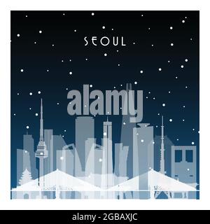 Nuit d'hiver à Séoul. Ville nocturne de style plat pour bannière, affiche, illustration, arrière-plan. Illustration de Vecteur
