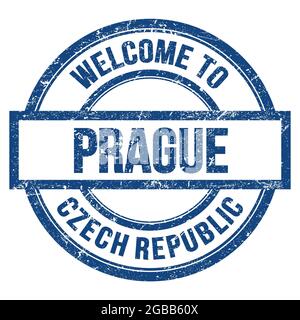 BIENVENUE À PRAGUE - RÉPUBLIQUE TCHÈQUE, mots écrits sur le bleu rond simple timbre Banque D'Images