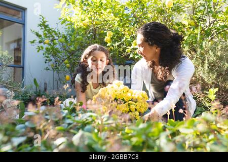 Race mixte mère et fille plantant des fleurs et parlant Banque D'Images