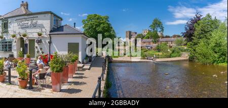 Vue sur la cathédrale de Ripon et la maison publique Water Rat sur les rives de la rivière Skell, Ripon, North Yorkshire, Angleterre, Royaume-Uni, Europe Banque D'Images