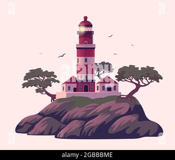 Phare, magnifique balise sur la falaise avec des pins. Illustration vectorielle de style dessin animé plat. Illustration de Vecteur