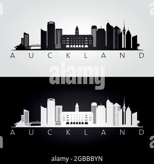 Silhouette des gratte-ciel et des monuments d'Auckland, design noir et blanc, illustration vectorielle. Illustration de Vecteur