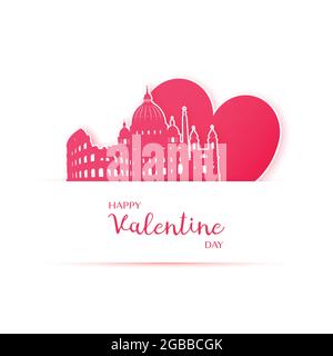 Cœur rouge et silhouette des autocollants en papier de la ville de Rome. Carte de Saint-Valentin en papier. Illustration de Vecteur