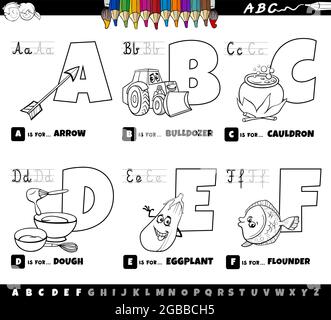 Dessin animé noir et blanc représentant des lettres majuscules de l'alphabet kit éducatif pour la pratique de la lecture et de l'écriture pour les enfants de Couleur a à F Illustration de Vecteur