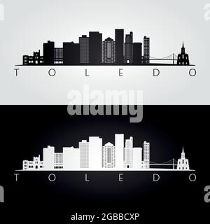 Tolède usa ligne d'horizon et repères silhouette, noir et blanc design, illustration vectorielle. Illustration de Vecteur
