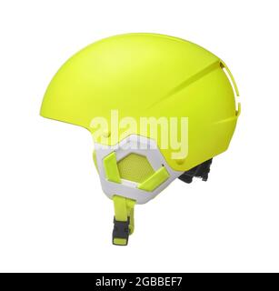 Vue latérale du casque de sécurité jaune pour snowboard isolé sur le blanc Banque D'Images