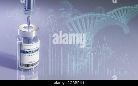 Seringue médicale et flacon de vaccin. Illustration du vaccin. Flacon et seringue avec aiguille. Il y a un graphique, une cellule virale et de l'adn à l'arrière-plan. Banque D'Images