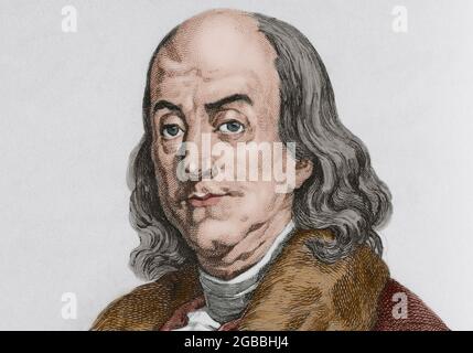 Benjamin Franklin (1706-1790) scientifique, inventeur et politicien américain. En 1776, il écrit, avec Jefferson et John Adams, la Déclaration d'indépendance des États-Unis d'Amérique. Gravure par Lemaitre. Panorama universel. Histoire des Etats-Unis d'Amérique, de la 1ère édition de Jean B.G. Les États-Unis d'Amérique du Roux de Rochelle en 1837. Édition espagnole, imprimée à Barcelone, 1850. Coloration ultérieure. Auteur: Augustin François Lemaitre (1797-1870). Graveur et lithographe français. Banque D'Images