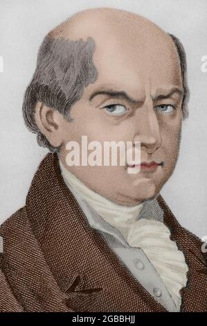 John Adams (1735-1826). Politicien américain. Chef de la révolution américaine. Deuxième président des États-Unis d'Amérique (1797-1801). Portrait. Gravure par Vernier. Panorama universel. Histoire des Etats-Unis d'Amérique, de la 1ère édition de Jean B.G. Les États-Unis d'Amérique du Roux de Rochelle en 1837. Édition espagnole, imprimée à Barcelone, 1850. Coloration ultérieure. Banque D'Images