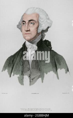 George Washington (1732-1799). Premier président des États-Unis (1789-1797). Commandant en chef de l'Armée continentale révolutionnaire dans la guerre d'indépendance américaine (1775-1783). Portrait. Gravure par Vernier. Panorama universel. Histoire des Etats-Unis d'Amérique, de la 1ère édition de Jean B.G. Les États-Unis d'Amérique du Roux de Rochelle en 1837. Édition espagnole, imprimée à Barcelone, 1850. Coloration ultérieure. Banque D'Images