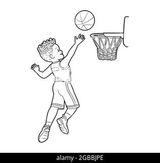 Livre de coloriage sportif : un garçon de basket-ball jette une balle dans un panier de basket-ball. Vecteur de style dessin animé, dessin au trait noir et blanc Illustration de Vecteur