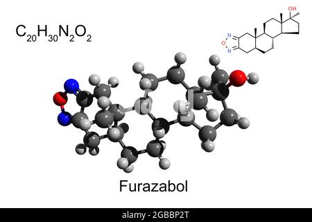 Formule chimique, formule structurale et modèle 3D boule-et-bâton de furazabol de stéroïdes anabolisants, fond blanc Banque D'Images