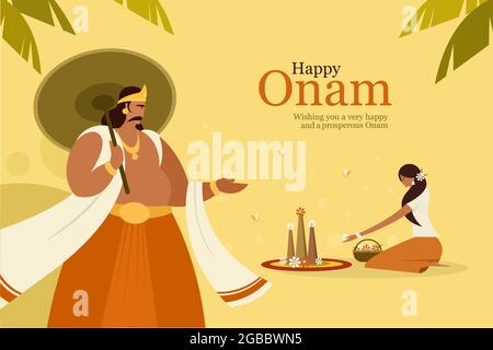 Onam festival salutation fond avec le roi Mahabali et une fille faisant des motifs floraux. Onam est un festival de la récolte à Kerala, en Inde Illustration de Vecteur