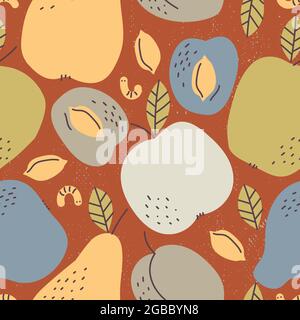 Motif rétro sans couture. Récolte d'automne de fruits pommes, poires, prunes, couleurs terreuses. Illustration de Vecteur