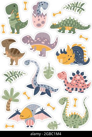 Un ensemble d'autocollants de jolis dinosaures amusants dans le style scandinave. Animaux jurassiques. modèle imprimable pour les étiquettes pour enfants. Objets isolés sur le whi Illustration de Vecteur