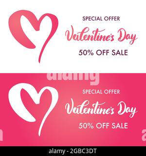 Mettre en place le modèle de la bannière horizontale de bonne Saint-Valentin. Offre spéciale Saint Valentin 50 % de réduction sur la vente. Illustration vectorielle. Illustration de Vecteur