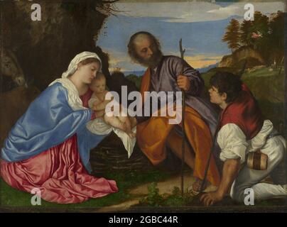 Titre: La Sainte famille avec un berger Créateur: Titien - Tiziano Vecellio Date: c. 1510 Moyen: Huile sur toile Dimensions: 99.1 x 139.1 cm emplacement: The National Gallery, Londres Banque D'Images