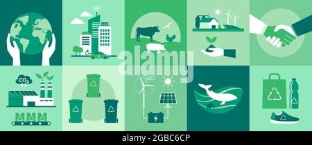 Ensemble d'icônes écologiques : protection de l'environnement, villes intelligentes, industrie et agriculture durables, bien-être des animaux et concept d'énergie renouvelable Illustration de Vecteur