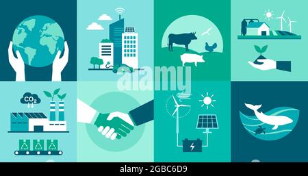 Ensemble d'icônes écologiques : protection de l'environnement, villes intelligentes, industrie et agriculture durables, bien-être des animaux et concept d'énergie renouvelable Illustration de Vecteur