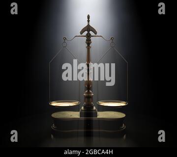 Balance en laiton ornée avec base en bois à point sur fond sombre et sombre - rendu 3D Banque D'Images