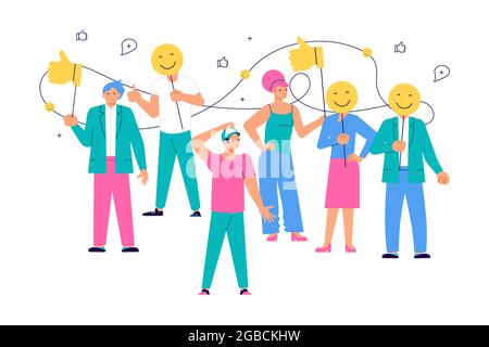 Ensemble d'hommes et de femmes heureux positifs tenant des émoticônes positives isolées sur blanc. Grand groupe de personnes mixtes, qui ont l'air heureux et satisfaits. Art plat V Illustration de Vecteur