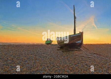 Des bateaux abandonnés naufrages sur la plage de dungeness, un couple de beaucoup se sont lavés après une tempête sévère. D'un aspect peint et texturé. Banque D'Images