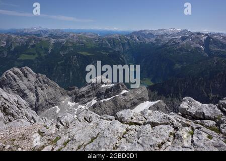 Vue panoramique sur la montagne et le lac Königssee et Obersee de Watzmann Hocheck, Ramsau, Berchtesgaden, Bavière, Allemagne Banque D'Images