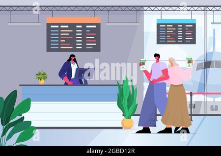 les voyageurs qui utilisent des passeports d'immunité numérique à l'enregistrement à l'aéroport contre-risques certificat gratuit de la pcr covid-19 certificat d'immunité aux coronavirus Illustration de Vecteur