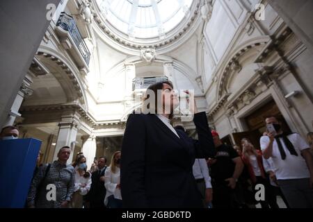 Londres, Angleterre, Royaume-Uni. 3 août 2021. Le chef de l'opposition biélorusse, SVIATLANA TSIKHANOUSKAYA, a rencontré des membres de la diaspora biélorusse à Londres. (Image de crédit : © Tayfun Salci/ZUMA Press Wire) Banque D'Images