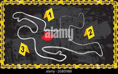 Corps mort avec du sang. Chalk a décrit l'illustration de la victime du meurtre avec des marqueurs de preuve et du ruban de police. Scène de crime grundy arrière-plan. Illustration de Vecteur
