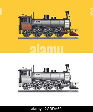 Ancienne locomotive ou train sur chemin de fer. Transport rétro. Vintage gravé, dessin dessiné à la main pour t-shirt. Illustration de Vecteur