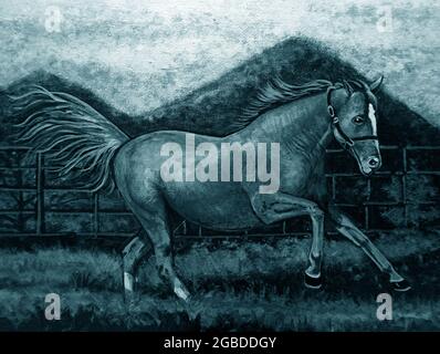 Art peinture Fine art couleur huile cheval de course Lucky en bleu foncé Banque D'Images