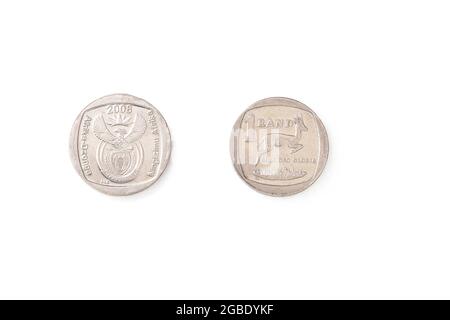 Une monnaie sud-africaine Rand isolée sur fond blanc avec un masque de découpe Banque D'Images