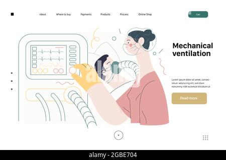 Modèle de page Web d'assurance médicale - ventilation mécanique - vecteur plat moderne concept d'illustration numérique - équipement de machine médicale de ventilateur pour Illustration de Vecteur